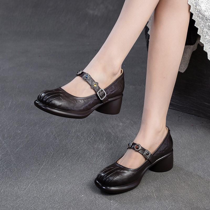 Fashion GKTINOO 2025 Spring New Lolita Genuine Leather Shoes Sweet Round Toe Thick Heel Wrinkled Women's Shoes