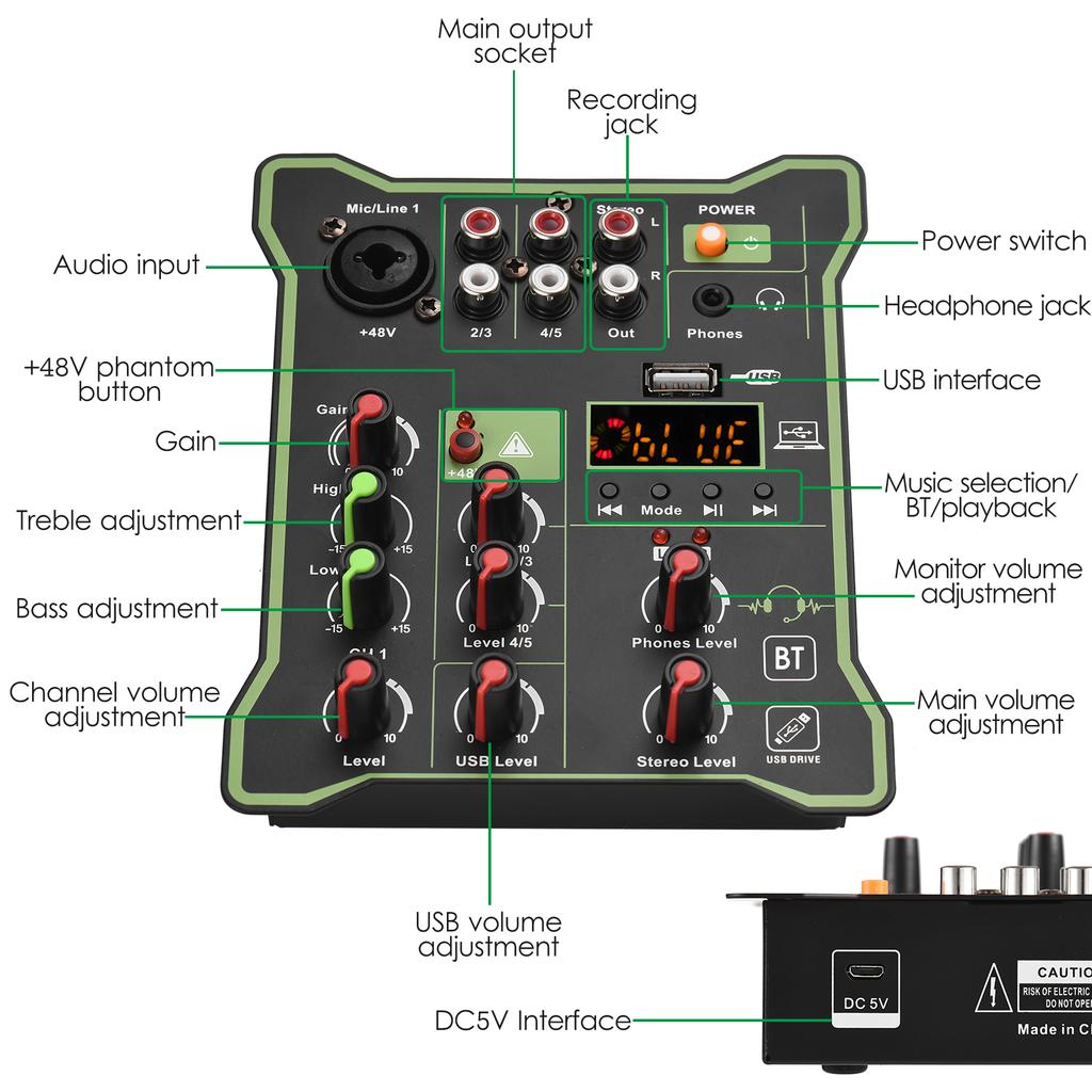 5-канальный компактный аудиомикшер, консоль для микширования звука, фантомное питание, 48 В, USB-аудиоинтерфейс, светодиодная подсветка