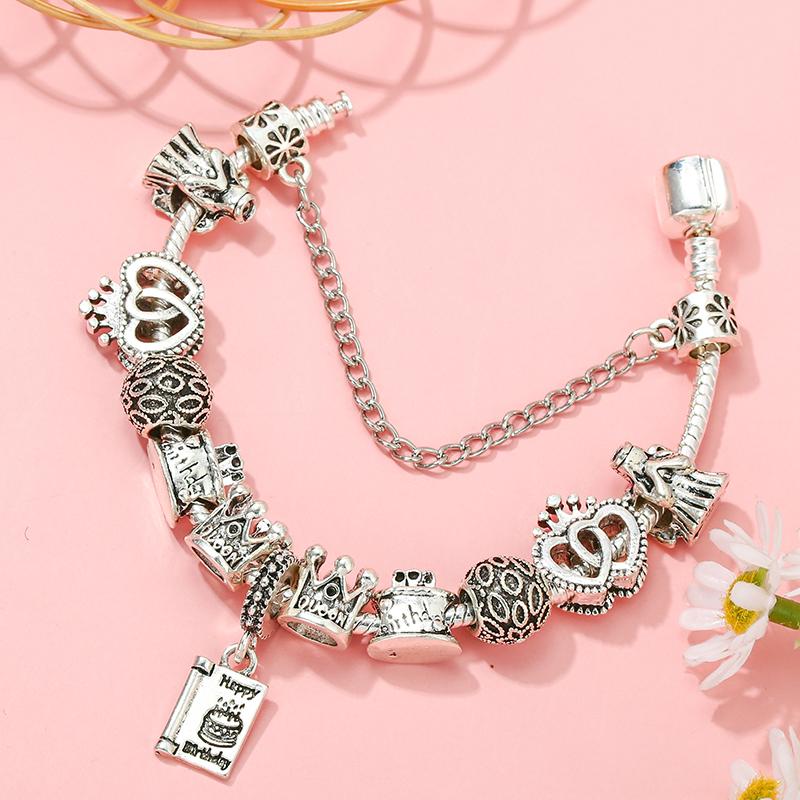 Винтажная серебряная Корона, подвеска для торта ко дню рождения, бусины, кулон, цепочка в виде змеи, браслет для женщин и девочек, ювелирные изделия, подарки