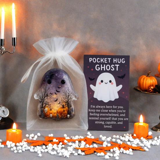 1/2/4/5Pcs Pocket Hug Ghost with Positive Card Emotional Support Ghost Token Mini Halloween Cartoon Ghost Statue Inspirational Gift