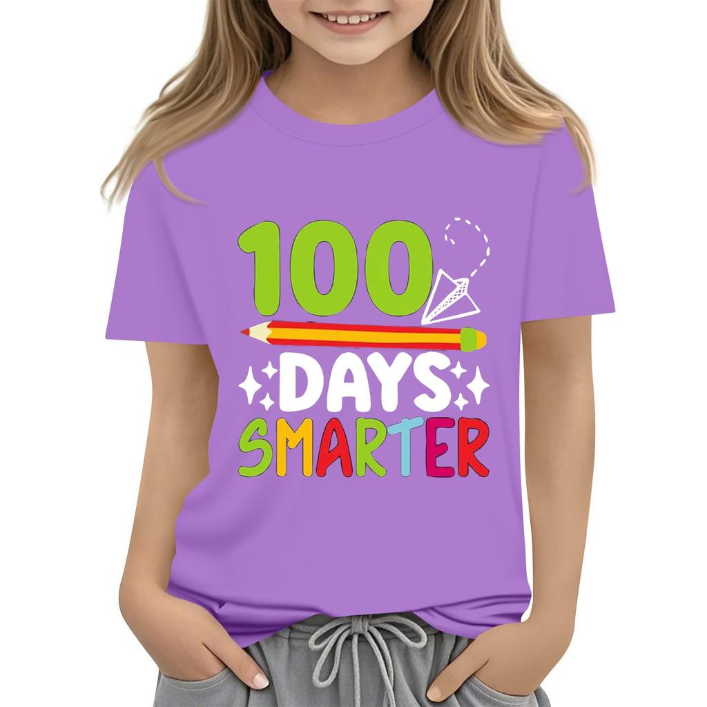 Happy 100th Day Of School Girls Boys Short Sleeve T Shirts Kids Tops Crewneck Tees