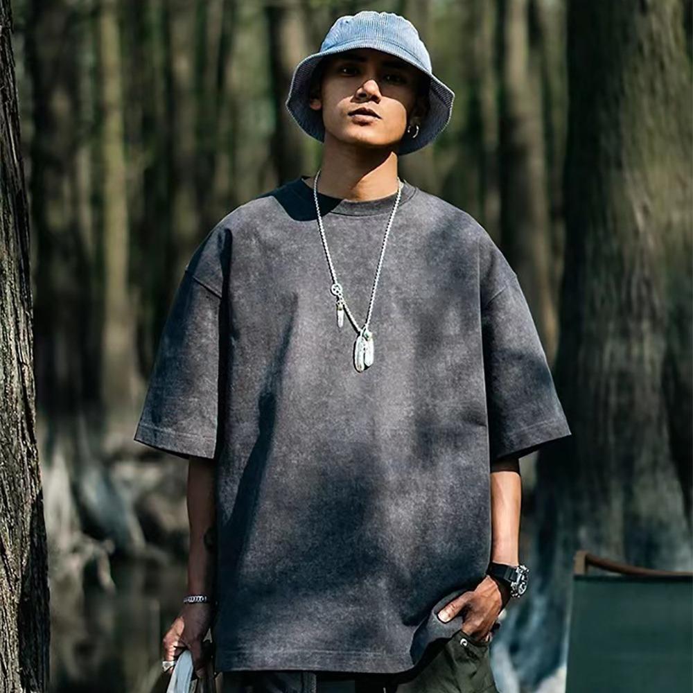 Мужская футболка с коротким рукавом 230G в винтажном стиле, универсальная однотонная, свободного кроя, с круглым вырезом, модный топ Инс