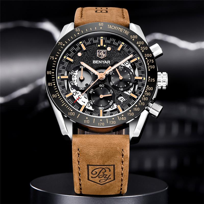 BENYAR Watch Men Sport Quartz Male Chronograph Calendar Top Brand Luxury Clock Genuine Leather Military Business Wristwatch 5120