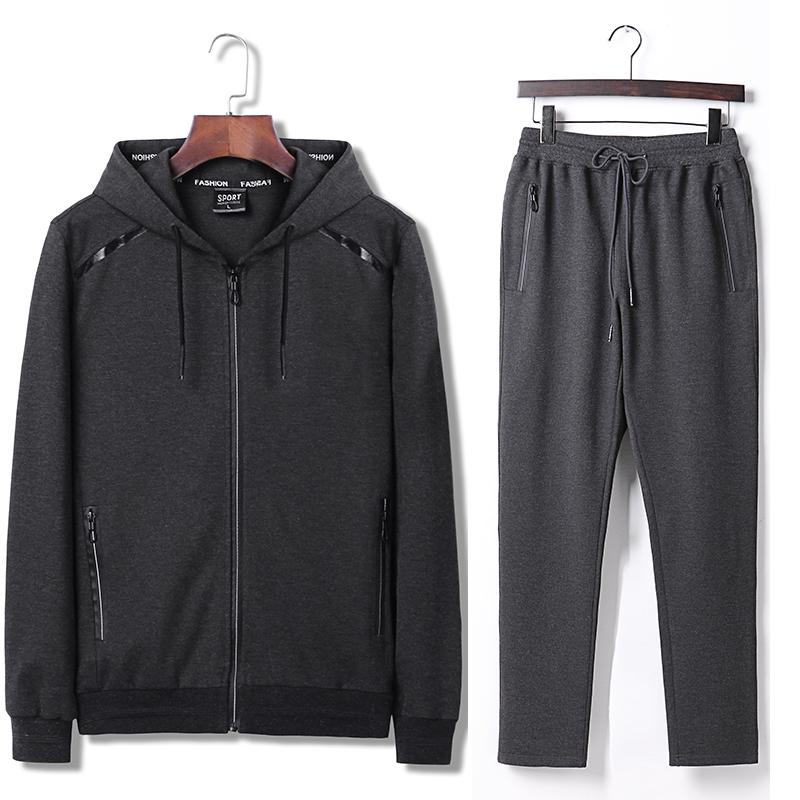 Весна и осень, большой размер, мужская толстовка с капюшоном на молнии, однотонная куртка + удобные брюки без застежки, спортивный комплект из двух предметов
