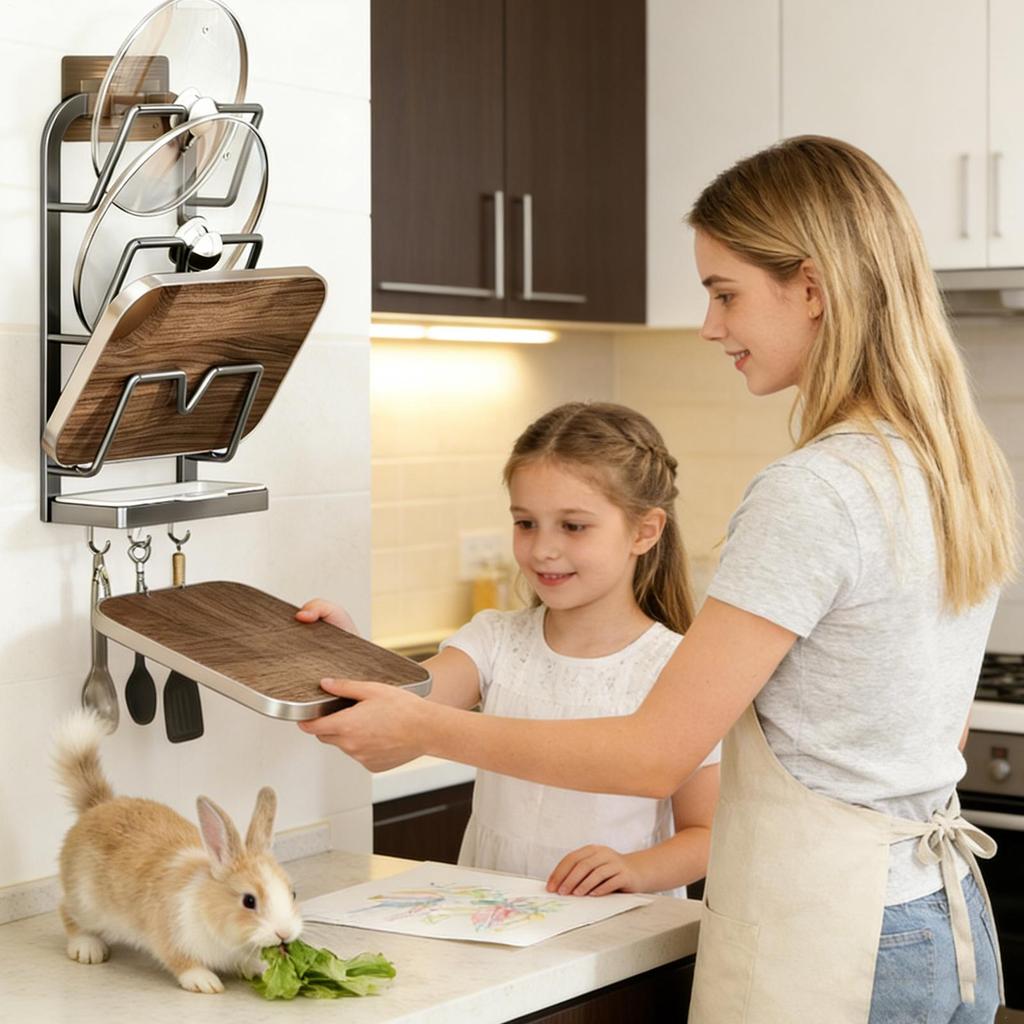 Pot Lid Holder Carbon Steel No-Drill Container With Tray Pot Lid Organizer And Storage For Mitt Spoon Cutting Board Baking Sheet