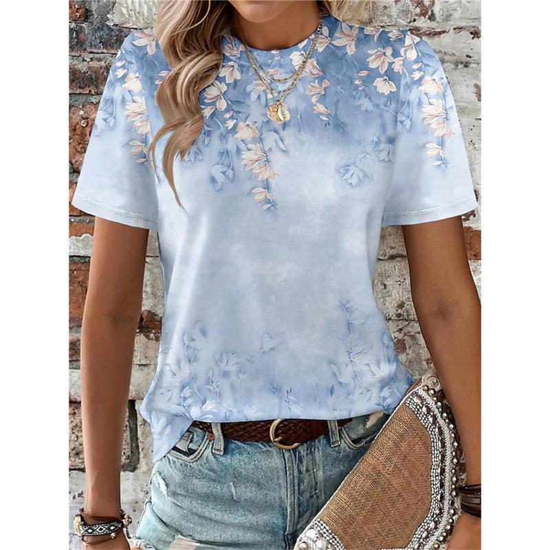 Женская футболка с цветочным принтом 3D, стильная повседневная, с коротким рукавом и круглым вырезом, обычные топы, повседневные, выходные, принт, фиолетовая, лето, весна