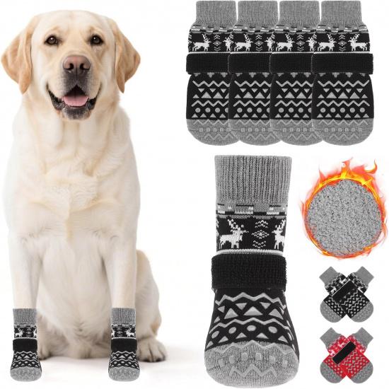 KOOLTAIL Dog Socks to Prevent Licking Paws, Dog Christmas Outfit Shoes for Winter Snow Pavement, Warm Fleece Pet Boots & Paw Protector for Hardwood