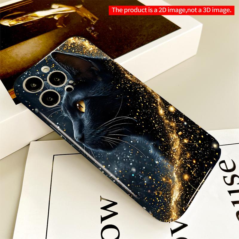 2DFlat Golden Sparkle Black Cat Phone Case All inclusive film hard iPhone case, compatible with iPhone 18 Pro Max 17 16 15 14 13 12 11