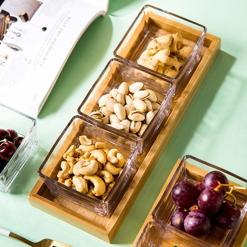 Youlaifu European-Style Simple Glass Fruit Plate, Square Storage Box, Snack Candy Tray with Three Compartments for Home Living Room
