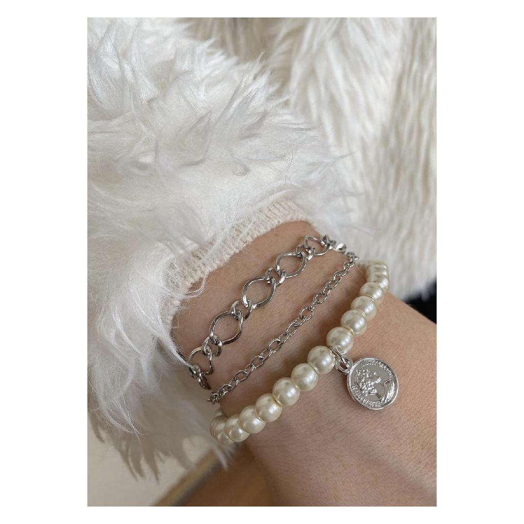 Женский комбинированный браслет из трех частей с жемчужной цепочкой