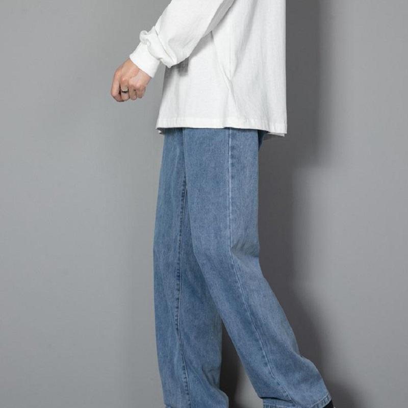 Корейские мужские повседневные длинные джинсы Классические мужские прямые джинсовые широкие брюки Сплошной цвет Голубой Серый Черный