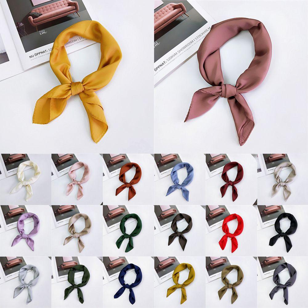 Fashion Solid Color Small Vintage Women Square Scarf Head Neck Silk Feel Satin Hair Tie Band