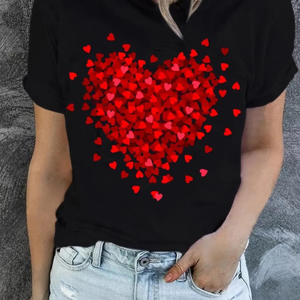 Summer Round Neck 3D Heart Graphic Print Top Fashionable Casual Short Sleeved Women's T-shirts