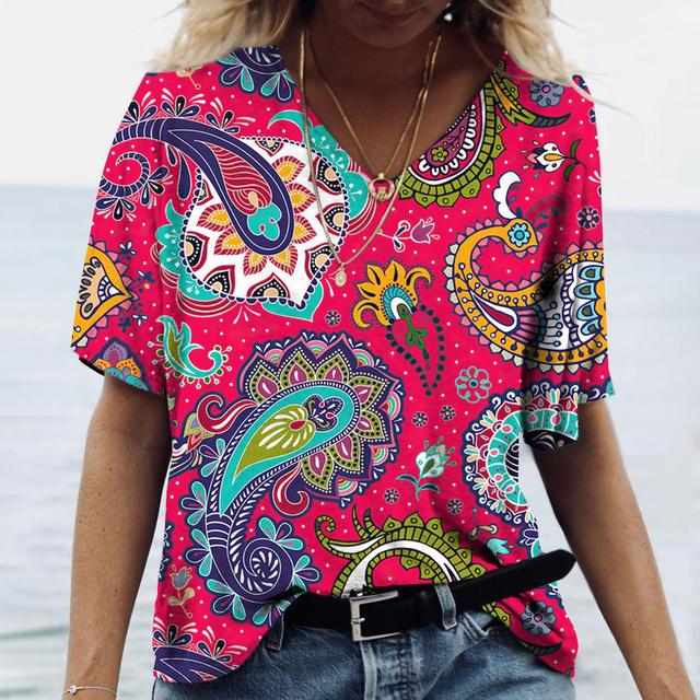 Винтажный топ с принтом, женская уличная одежда с короткими рукавами, летняя футболка, женская модная повседневная футболка с v-образным вырезом, женская одежда большого размера Y2k