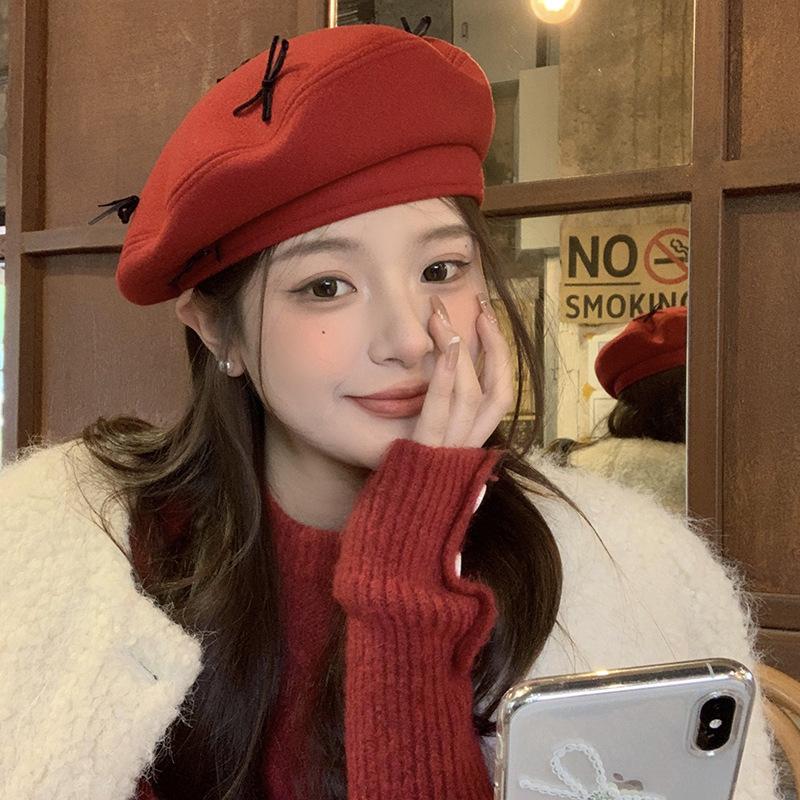 Red Bow Beret Female Autumn And Winter Retro Versatile Temperament Painter Hat Showing Face Small Octagonal Hat