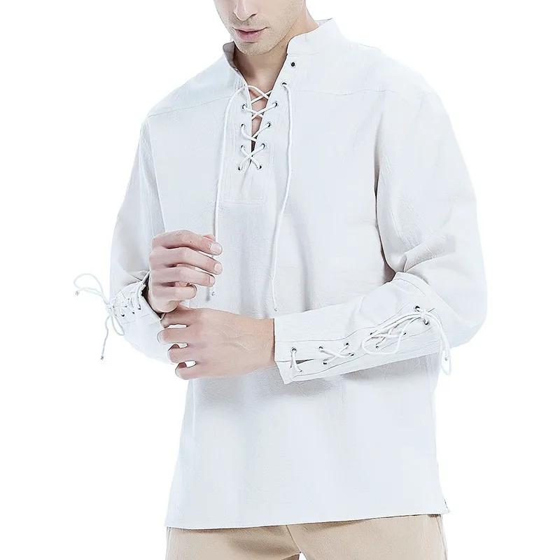 Shirt Long-sleeved Hippie Casual Beach Stand Collar Shirt New Men's New Design Lace-up Cotton Linen Henry