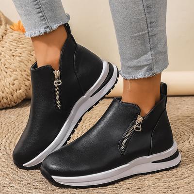 Модные черные кроссовки на платформе из искусственной кожи для женщин, модные спортивные ботинки хайтопы на двойной молнии, женские ботинки на толстой подошве с нескользящей подошвой