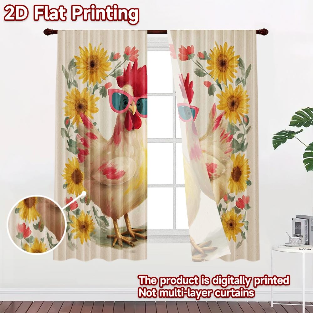 2D flat printing 2pcs Curtain Curtains Sunny Chickens with Glasses Digital Printed Polyester Drapes Festive Curtains Use for