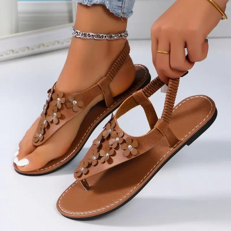 2024 Летняя высококачественная женская обувь Модные женские сандалии с блестками и цветочным декором Цветные блоки Большие размеры женской обуви