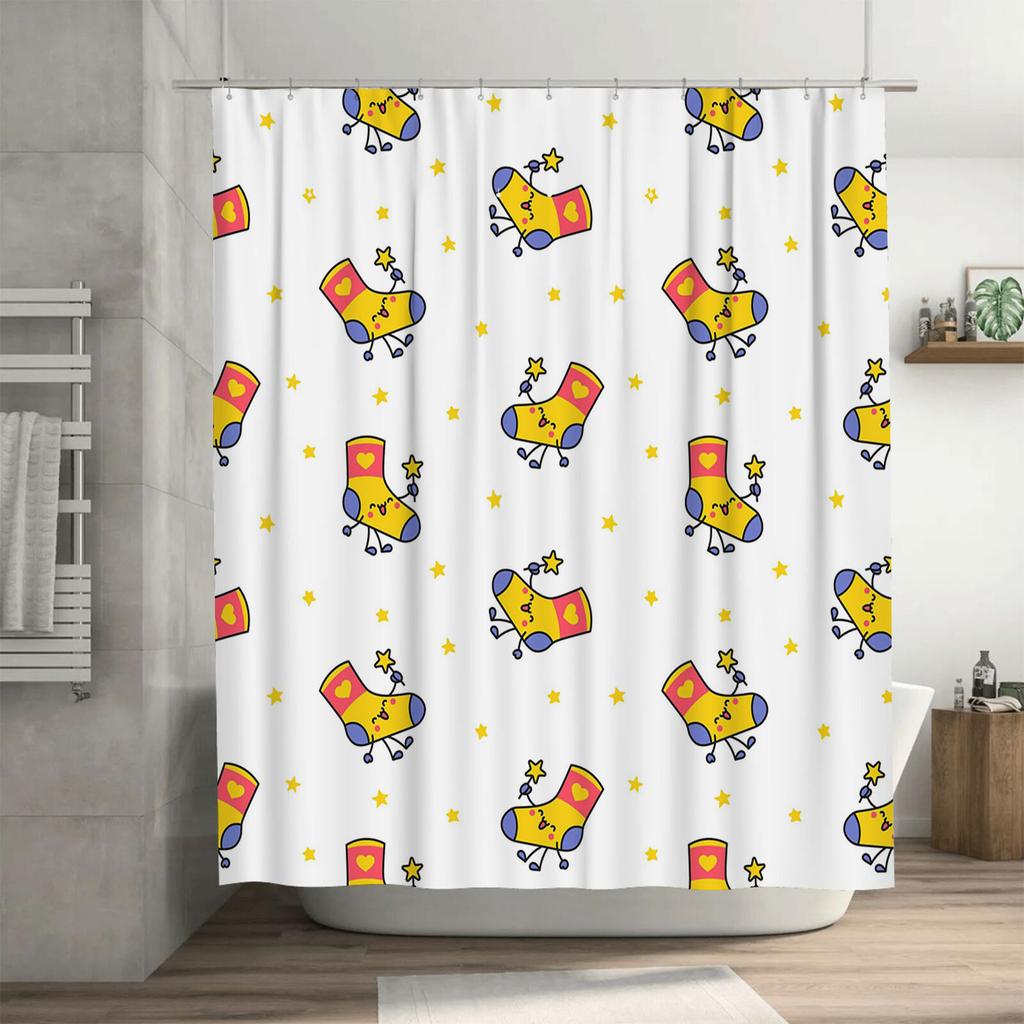 Cheerful Cartoon Socks Shower Curtain for Kids Bathrooms Decor White Background with Yellow Stars Perfect Gift for Children's Ro