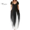 Women Maxi Dress with Pockets V Neck Short Sleeves Gradient Contrast Colors A-line Full Length Dress for Daily Party Dating
