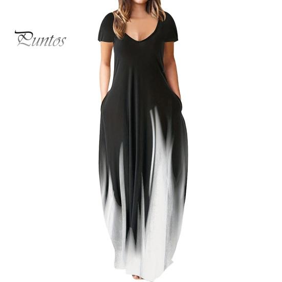 Women Maxi Dress with Pockets V Neck Short Sleeves Gradient Contrast Colors A-line Full Length Dress for Daily Party Dating