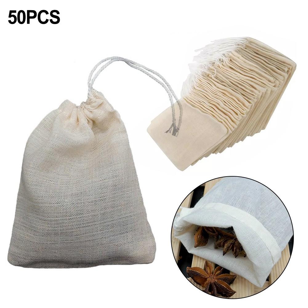 Органические и многоразовые хлопковые фильтр-пакеты для чая, упаковка 50 шт. для экологически чистых настоев