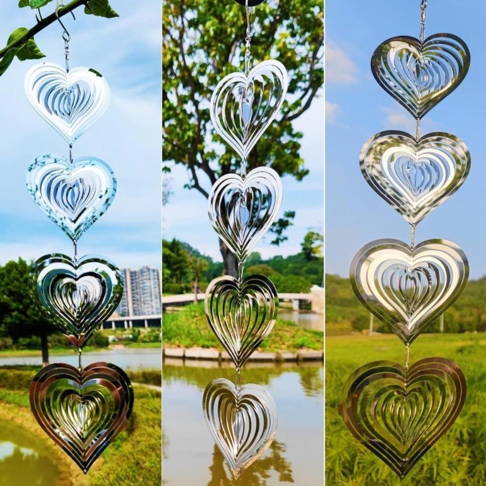 Reflective Surface 3D Metal Heart Double-Sided Wind Spinner Heart Wind Chime Garden Hanging
