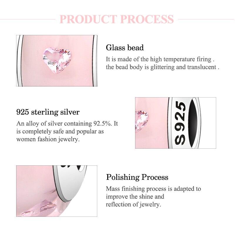 100 %Authentic 925 Sterling Silver Pink Heart Murano Glass Beads Fit Original European Charms Bracelet Jewelry