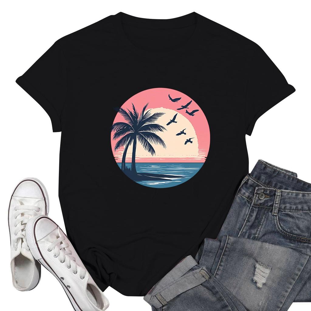 Women's Fashion Casual Printed Short Sleeve Round Neck Pullover Tops