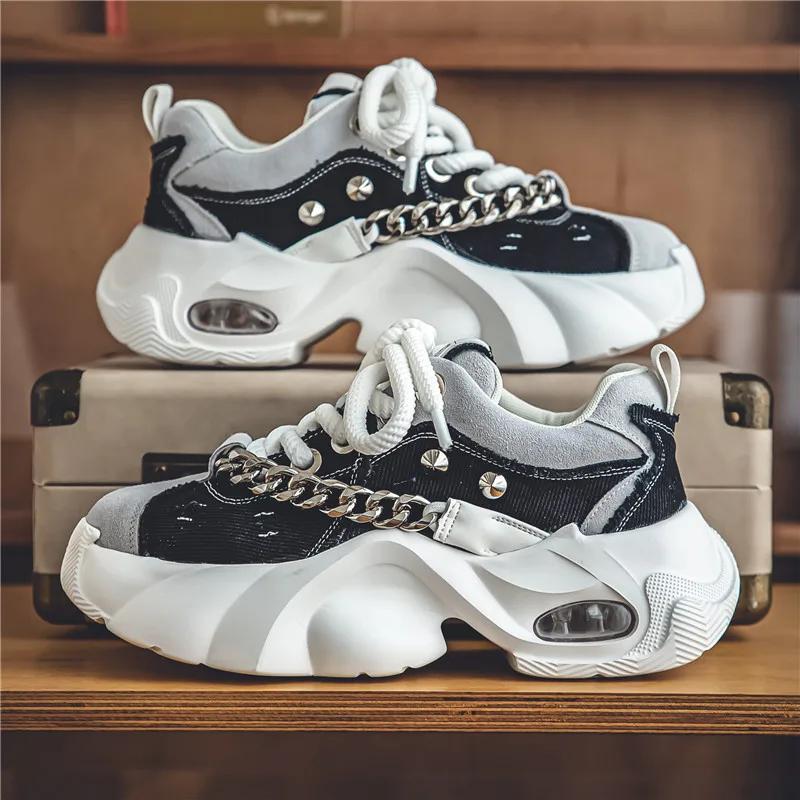 Спортивные кроссовки для мужчин на платформе, повседневные, модные, с металлической цепочкой, удобные, со шнуровкой, мужские кроссовки для бега