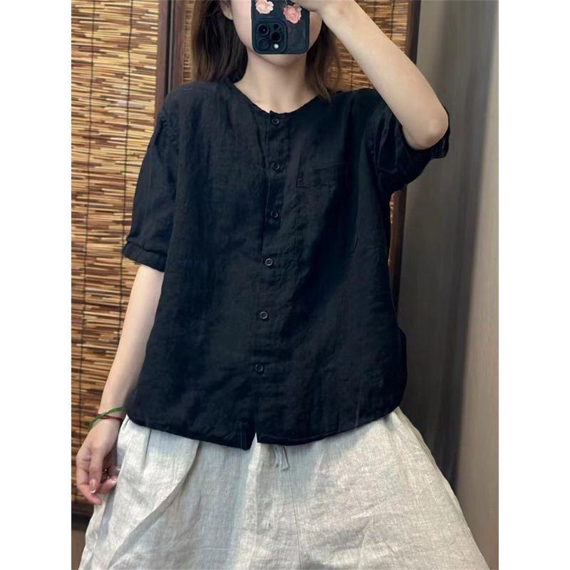 Женская летняя футболка с коротким рукавом, круглым вырезом, из хлопка и льна, новая, в стиле ретро, литературная, свободная, универсальная, кардиган-топ