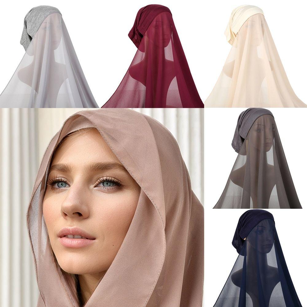 Эластичная повязка на голову Мусульманские женские шапочки Однотонный шифоновый хиджаб-покрытие Трикотажные кепки Готовые к носке