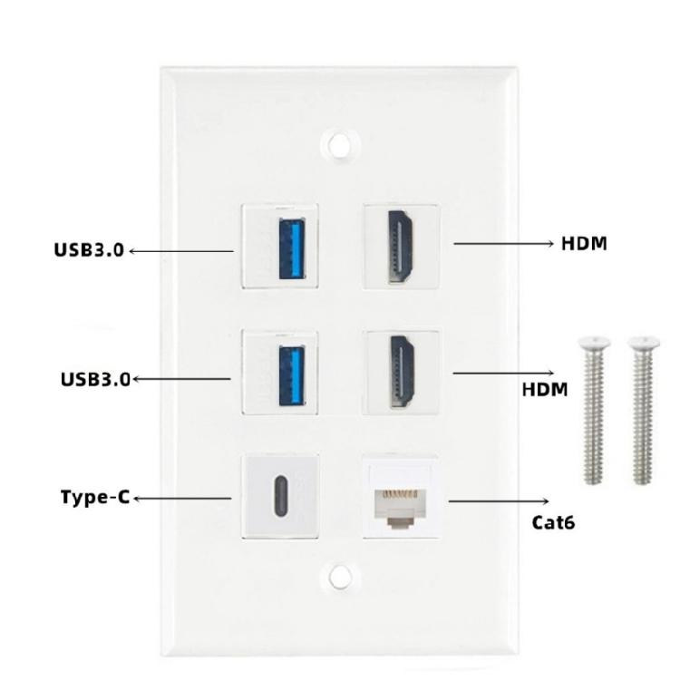 Декоративная настенная панель с 6 портами HDTV, USB 3.0, Type C, CAT6, Keystone Port, RJ45, 6 портов, белая, декоративная лицевая панель для стены.