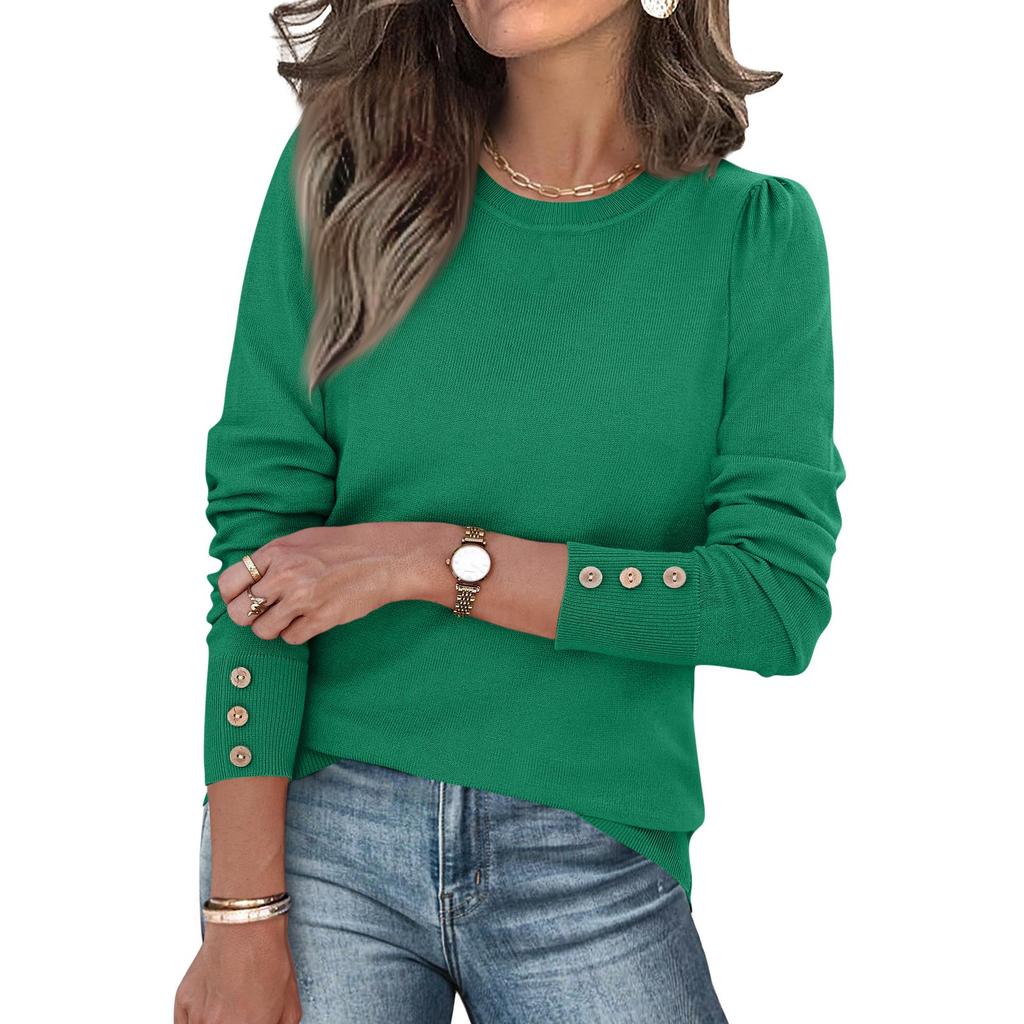 Женская мода Пуловер из мягкого трикотажа с длинным рукавом и манжетами на пуговицах, Трендовые топы однотонной расцветки