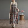 Summer Literary Plus Size Loose Cotton Linen Printed Suspender Dress for Women's Mid To Long Length Casual Dresses