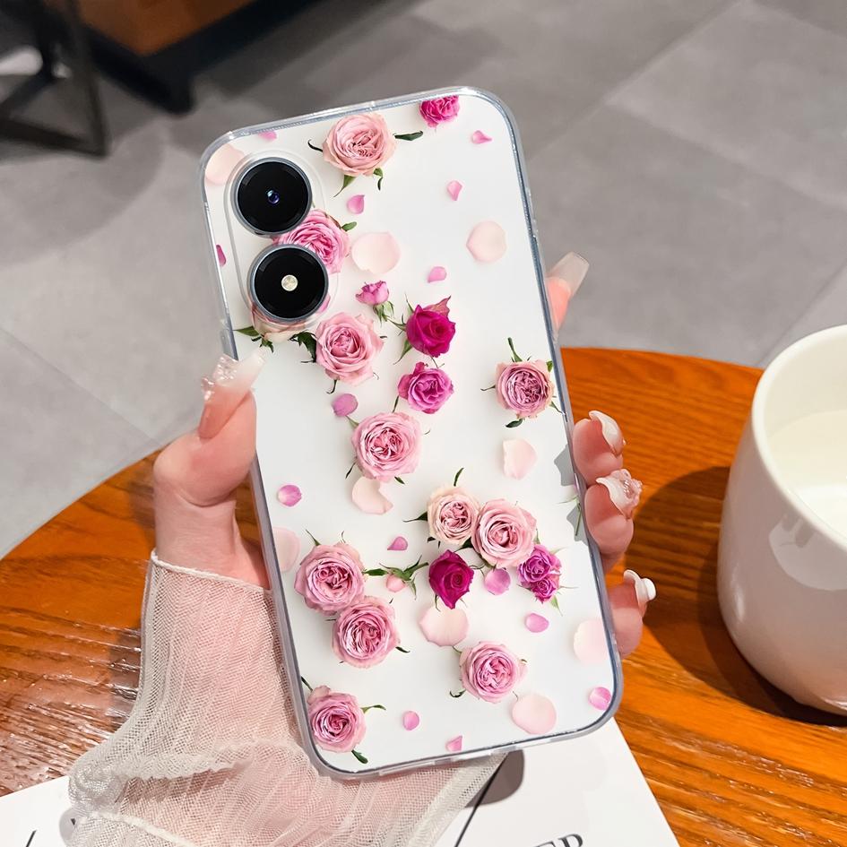 Чехол для телефона для Vivo Y27 Y15 Y21 Y20 Y36 Y33 Y02S Y10, задняя крышка, роскошная противоударная сумка для телефона, прозрачный матовый мягкий силиконовый цветок для бампера Vivo