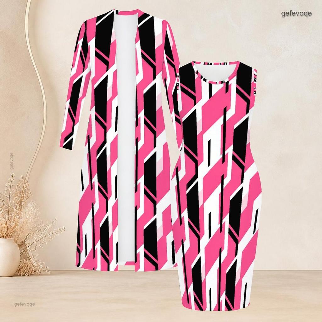Women Plus Size Two Piece Set Long Sleeve Open Front Cardigan Round Neck Sleeveless Printed Bodycon Dress