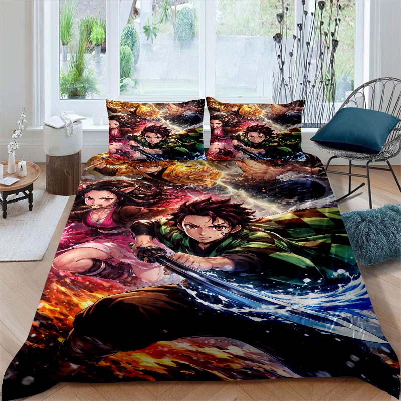 This Three-piece Anime Print (Kimetsu No Yaiba) Bedding Set—including A Duvet Cover and Two Pillowcases—is The Perfect Holiday