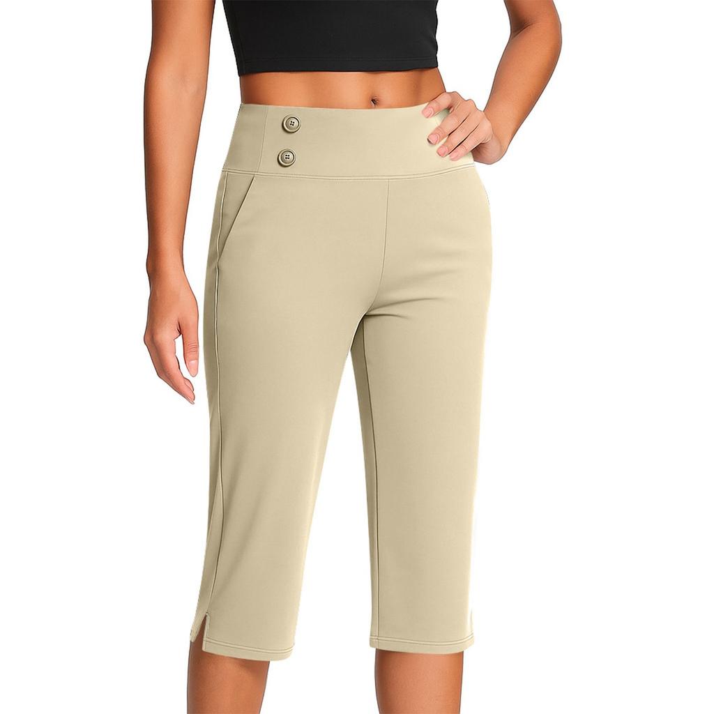 Women's Fashionable Solid Color Button Pocket Pants With Split Hems High Waist Sports Yoga Casual Cropped Pants