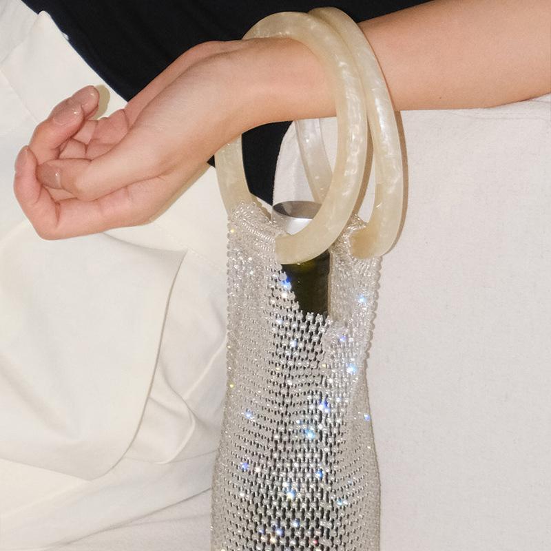 Shiny Diamond Rhinestones Wine Bag Elastic Net Sturdy Handle Wedding Gifts, Sparkly Beautiful And Reusable For Travel, Wedding,