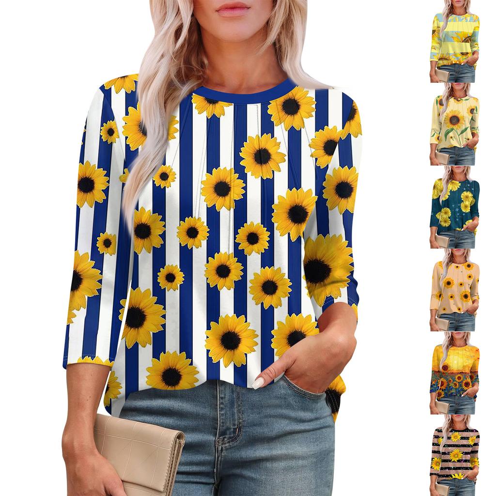 Women's Casual Round Neck Slim Sunflower Print Pleated Seven Sleeve Top