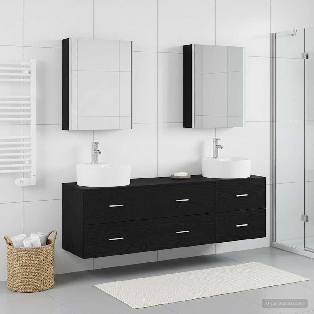 Bathroom Furniture Set 5 pcs Black Oak Engineered Wood and Glass