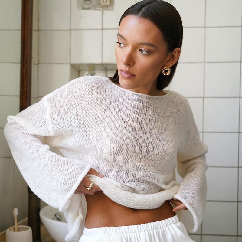 Fashion Hollow Loose Knitted Pullovers T-shirt Women Tops Spring Round Neck Flare Sleeve Women T Shirts Casual Autumn Thin Perspective Sexy Tee 25946