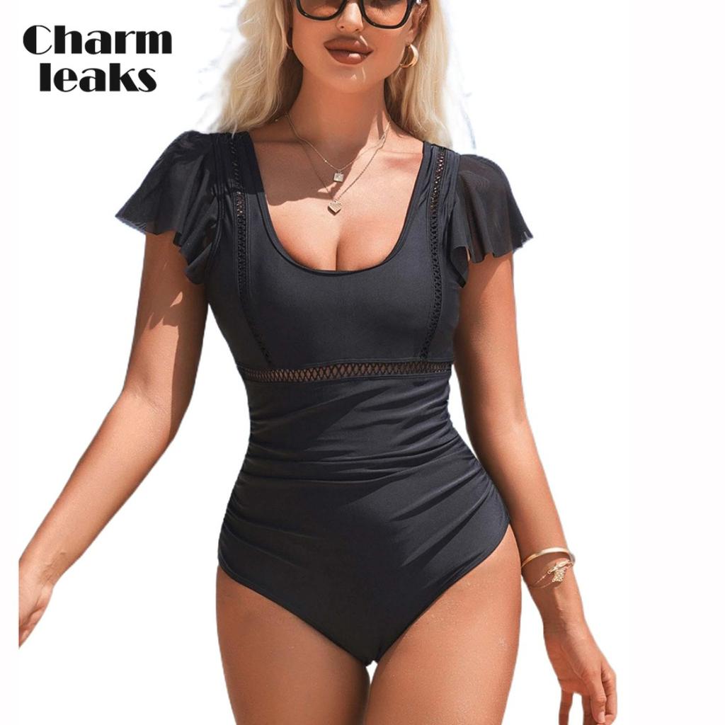 CHARMLEAKS One Piece Swimsuit Women Falbala Design U Collar Bathing Suit Sexy Monokini Swimwear S-XL