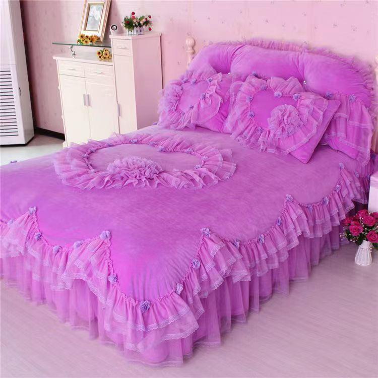 Размер King Size/Queen Size/Twin Size Кружевная утолщенная стеганая юбка-кровать Пододеяльник Наволочка Комплект из четырех предметов Теплая спальня Простое постельное белье Высокое качество