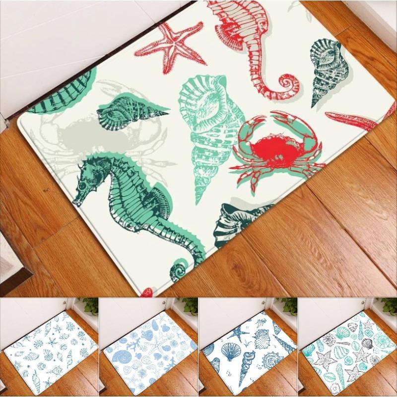 Soft Non-slip Water Absorbent Green Marine Life Seahorse Starfish Seashell Crab Bathroom Kitchen Fresh Mat Rug Carpet Home Decor