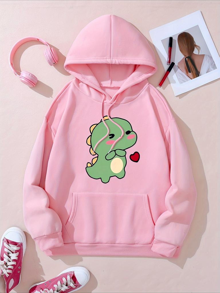2025 Women's Autumn Winter Cute Heart Shaped Dinosaur Printed Top Casual Sweatshirt Women Round Neck Comfortable Clothing