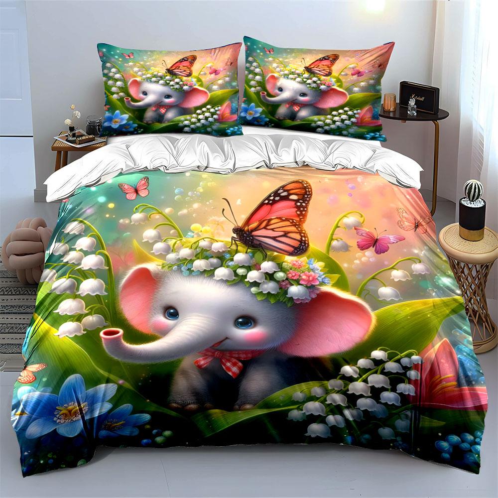 Cute Elephant and Butterfly Blossoms Bedding Duvet Cover Set (1*Duvet Cover 2*Pillowcases, without duvet insert)