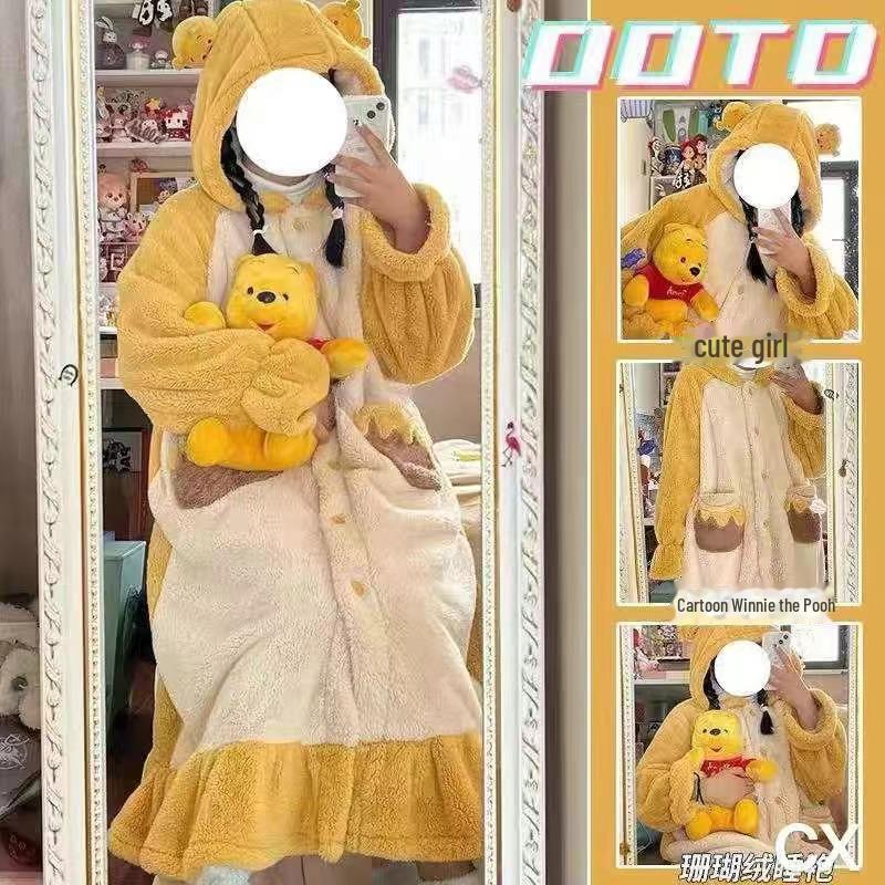 Женский пижамный комплект из кораллового флиса с капюшоном - милая мультяшная ночная рубашка для осени/зимы